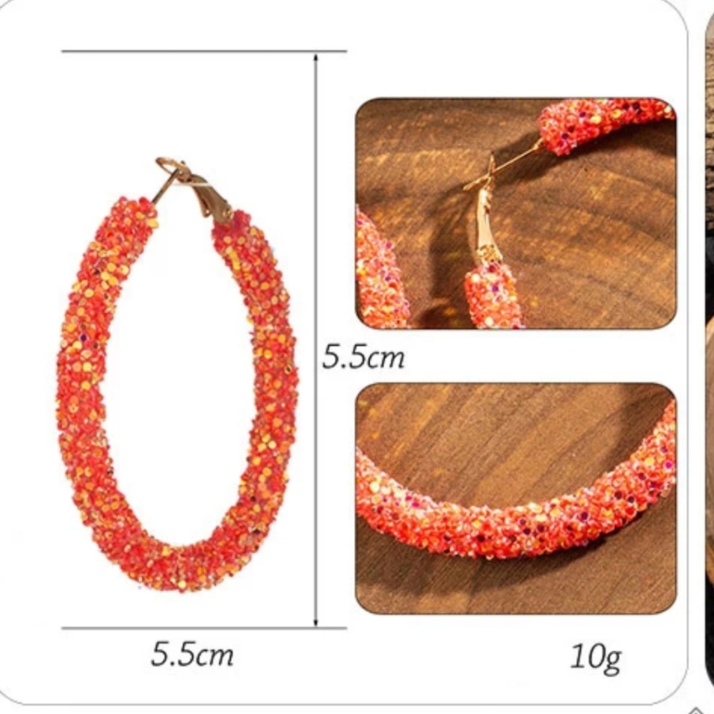 Pink Coral Big Circle Hoop Glitter Earring NWT - Picture 6 of 8